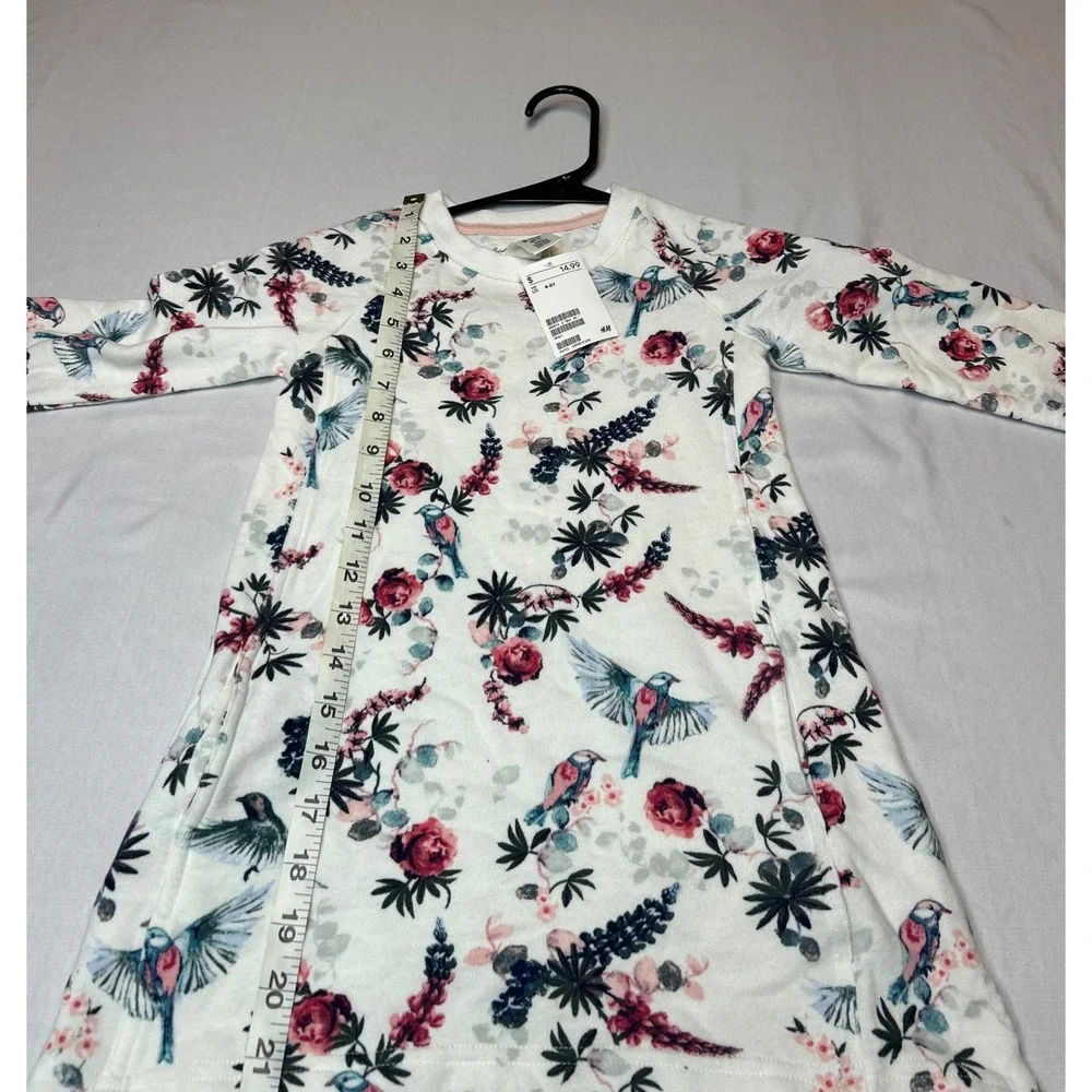 H&M LOGG Girls White Floral Bird Sweatshirt Dress Long Sleeve Size 4-6Y NWT